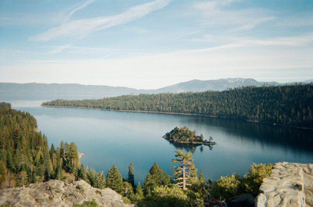Color landscape view of Emerald Bay State Park on Lake Tahoe.