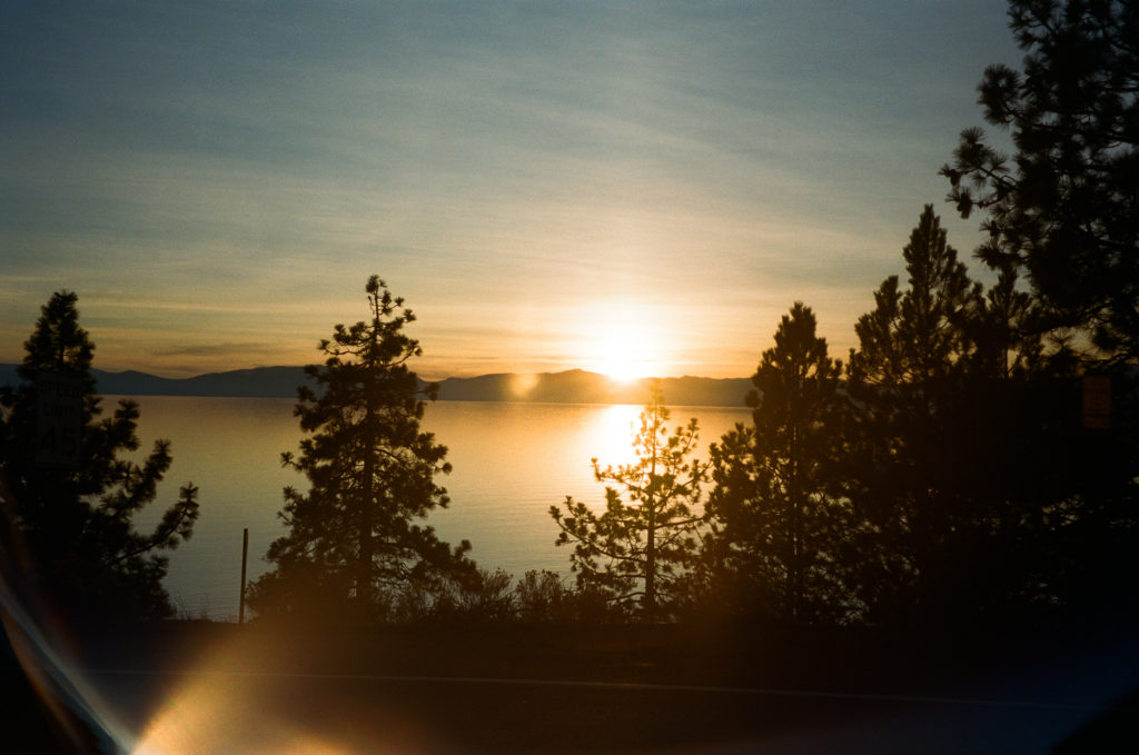 Color film photo of sunset overlooking Lake Tahoe, featuring silhouetted trees and a lens flare from the sun. 