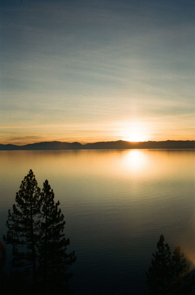 Color film photo of sunset overlooking Lake Tahoe