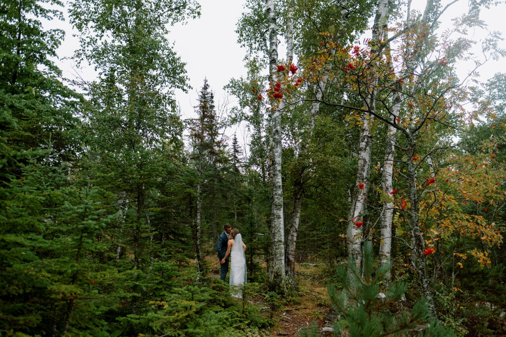 Heartfelt Fall Wedding on Lake Superior. A lush green forest scene with the bride and groom kissing in the middle distance, surrounded by trees.