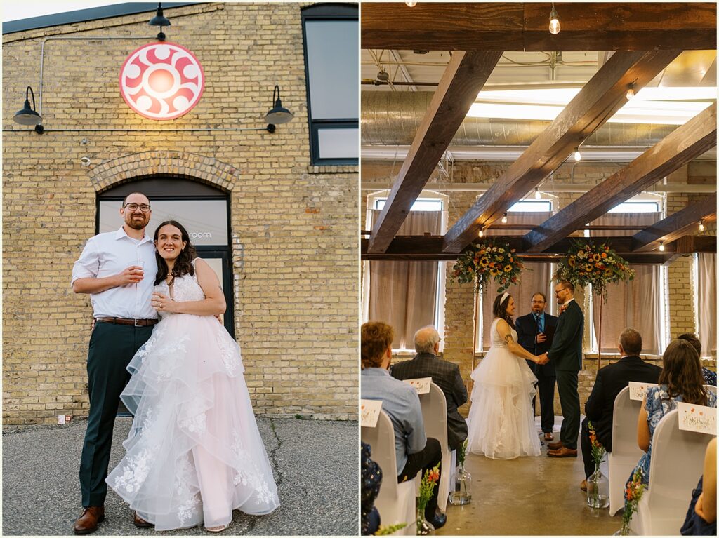 A bride and groom pose outside Indeed Brewing on their wedding day.