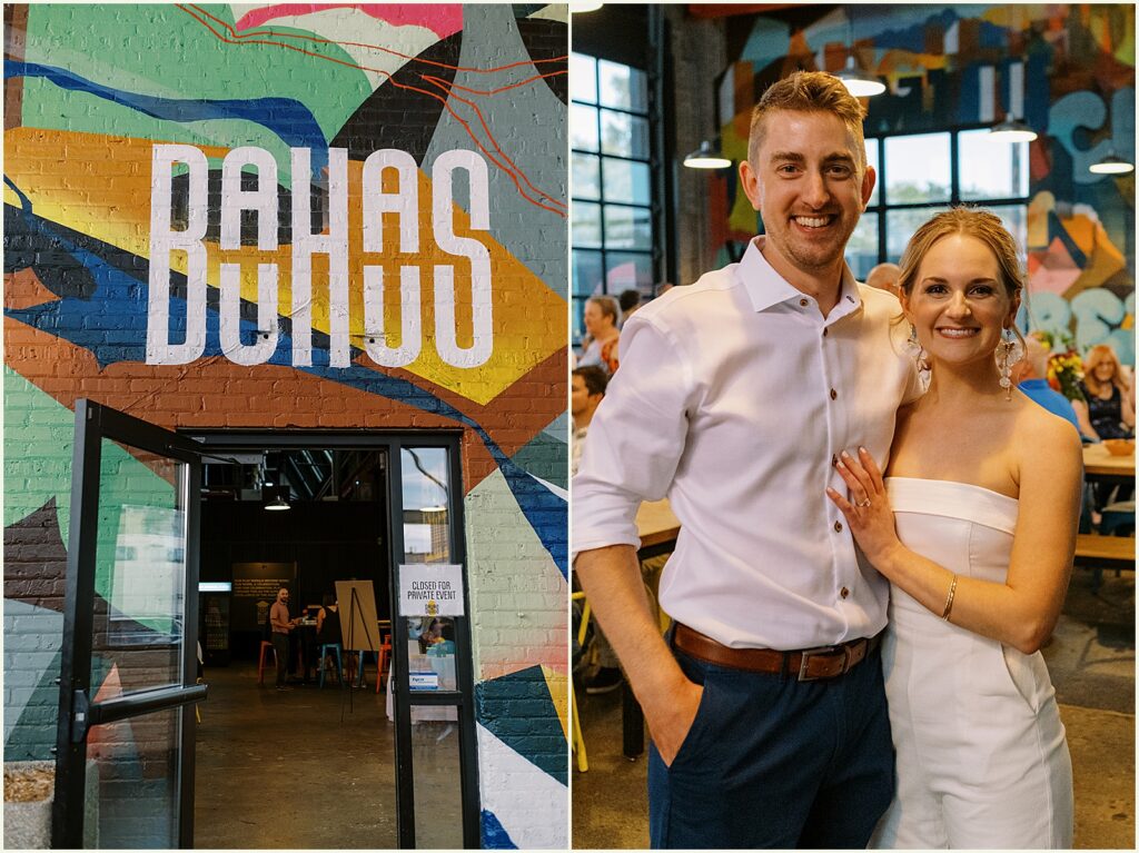 A bride and groom pose for a Minneapolis wedding photographer inside Bauhaus Brew Lab.