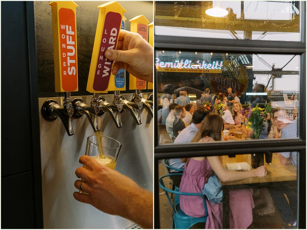 A bartender pours a beer at a brewery wedding in Minneapolis.