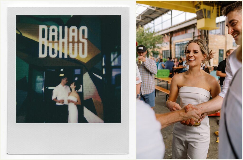 A bride and groom walk around a brewery wedding venue talking to guests.