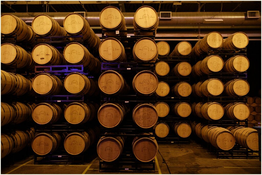 Whiskey barrels line an event space at Brother Justus.