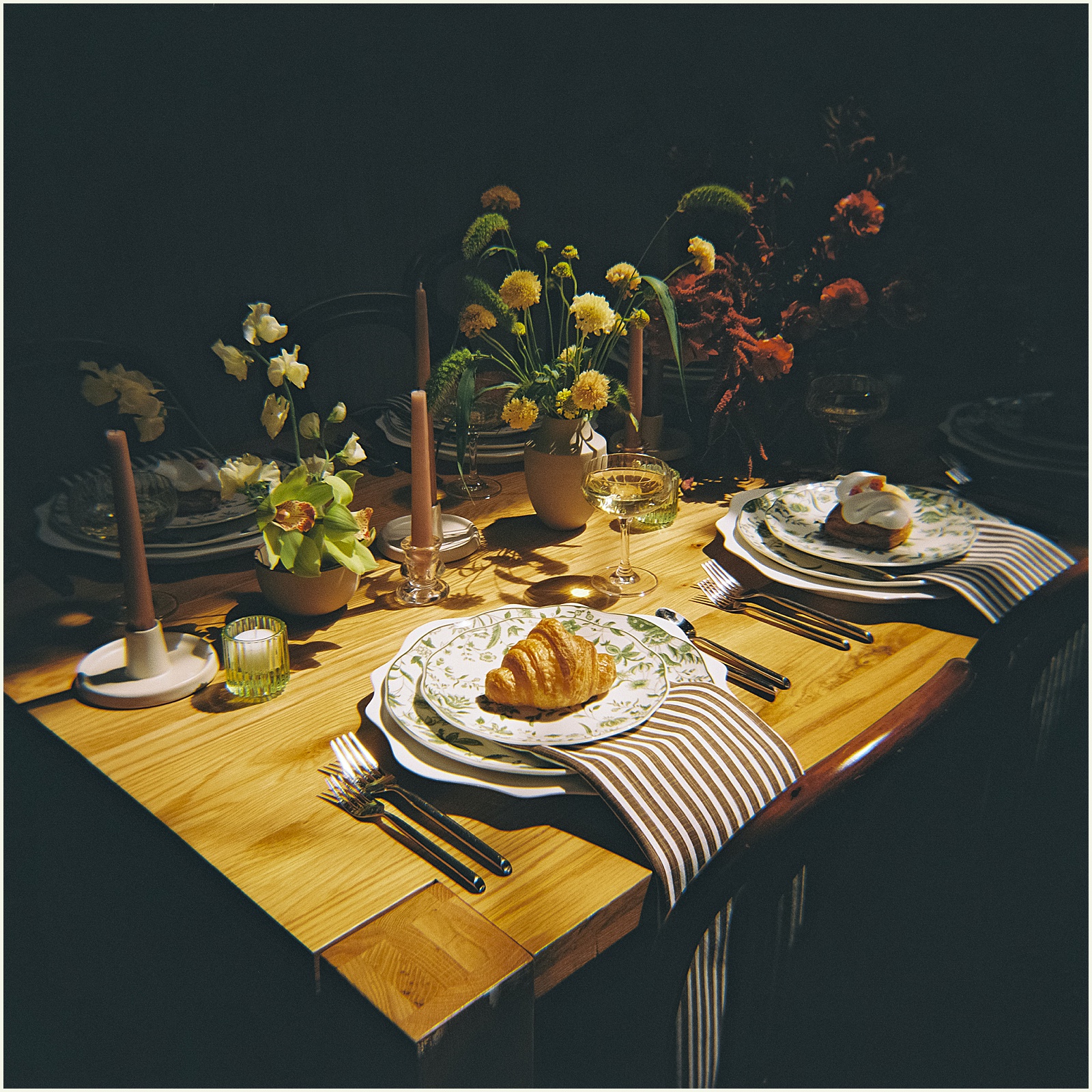 Flowers and pastries sit on a reception table at a wedding at Diane's Place.
