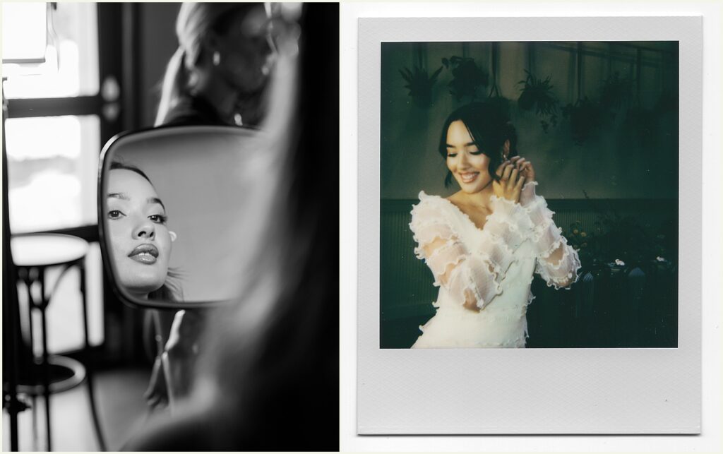A bride puts on an earring in a Polaroid wedding photo.