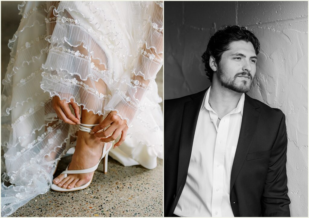 A groom leans against a wall in a Minneapolis wedding venue.