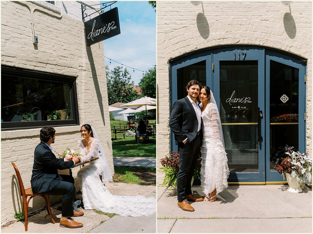 A bride and groom pose for a Minneapolis wedding photographer outside Diane's Place.