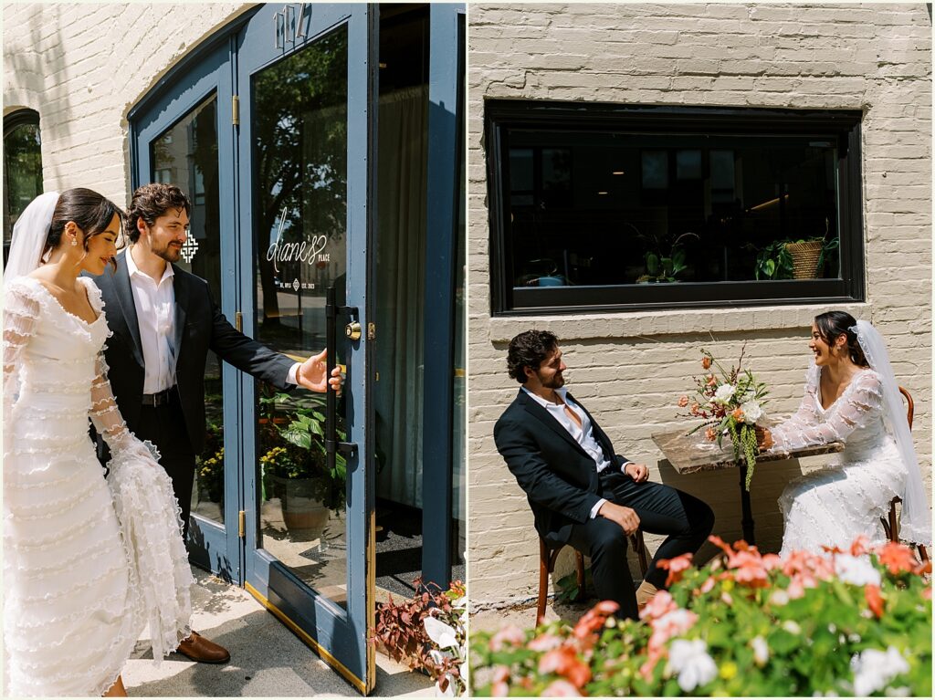 A bride and groom sit at a table on a sidewalk outside Diane's Place Minneapolis.