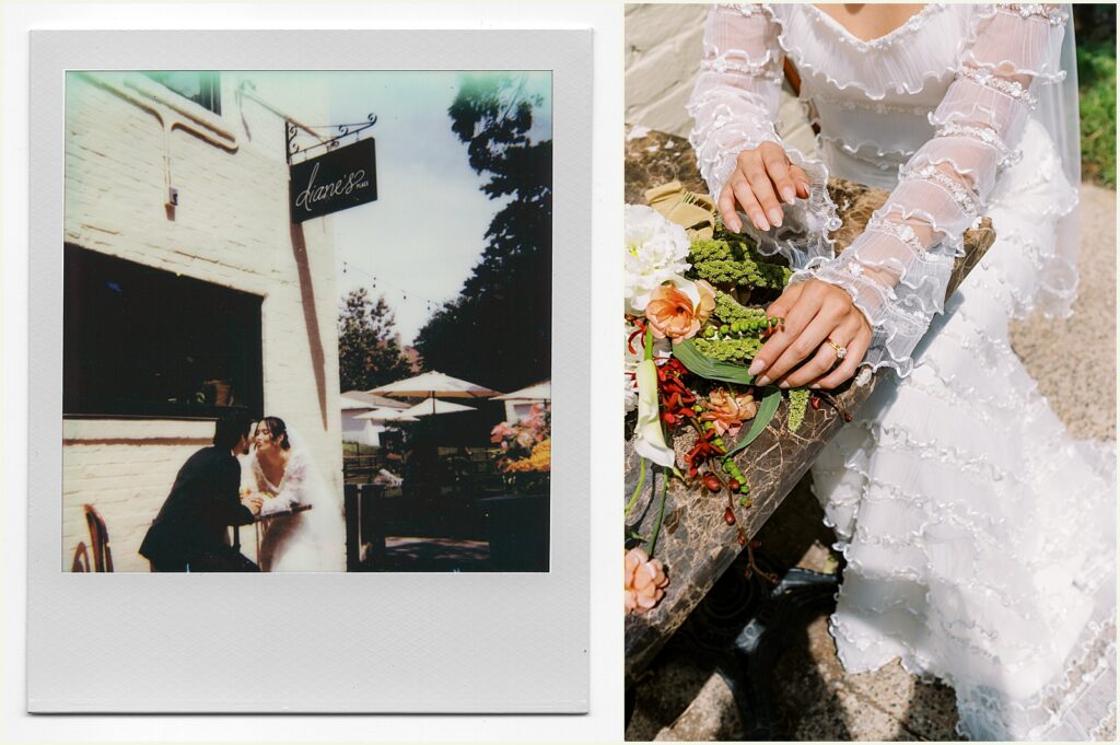 A bride places her bouquet on a café table at a Minneapolis wedding venue.