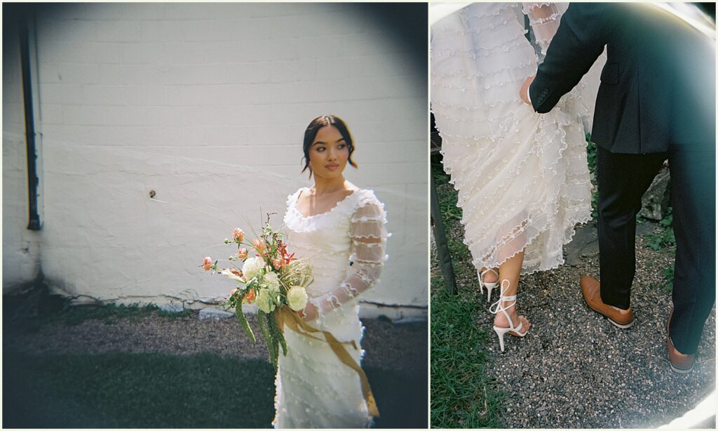A bride poses for a film wedding photo outside Diane's Place.