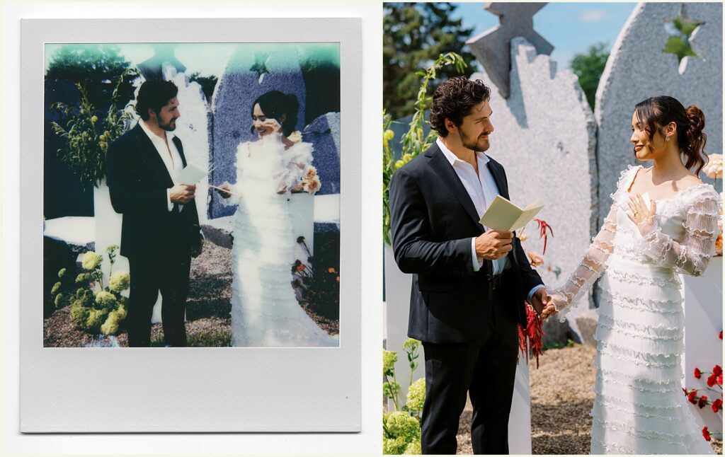 A groom reads his vows from a book in the courtyard at Diane's Place