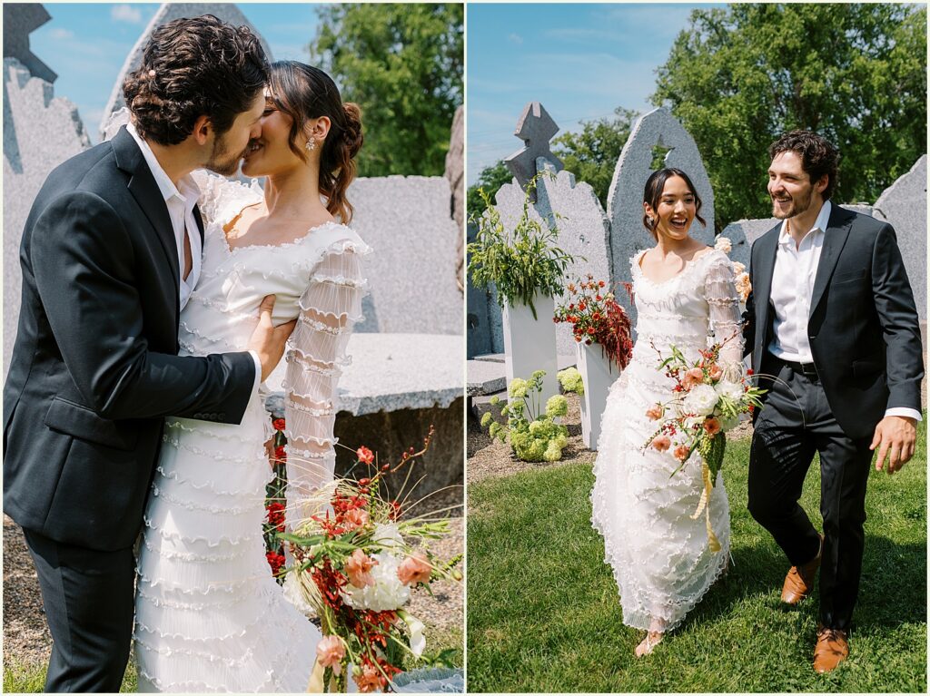 A bride and groom kiss at the end of their courtyard wedding ceremony at Diane's Place.