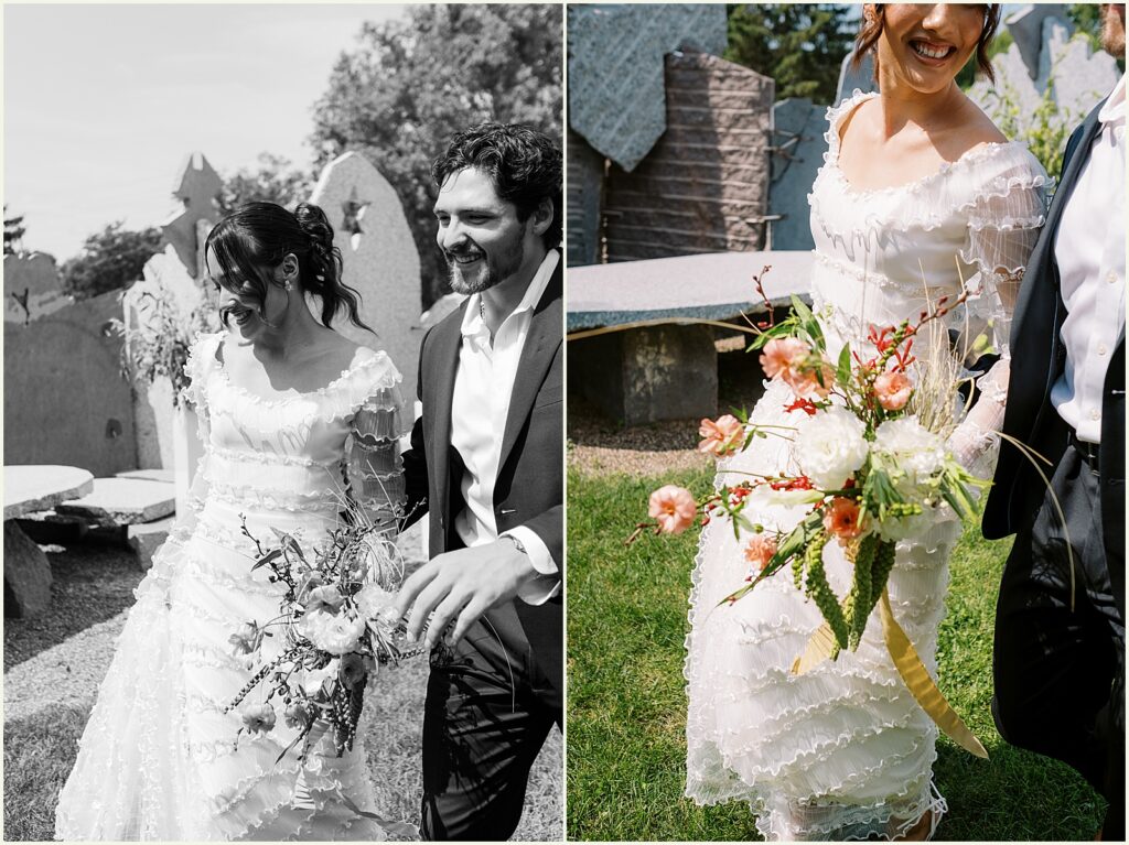 A bride and groom walk their recessional after their wedding ceremony.