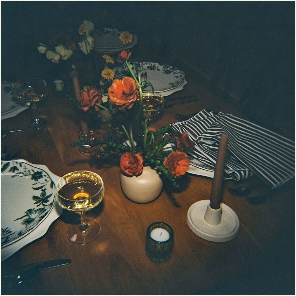 A table is decorated for a wedding reception.