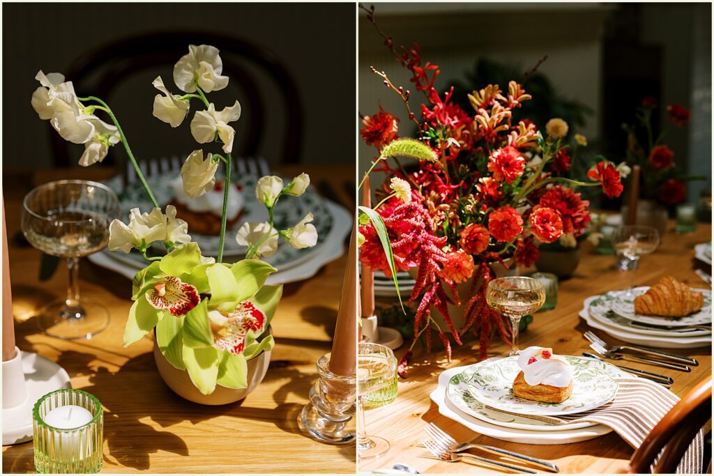 Colorful flowers decorate a reception table at a Minneapolis wedding.