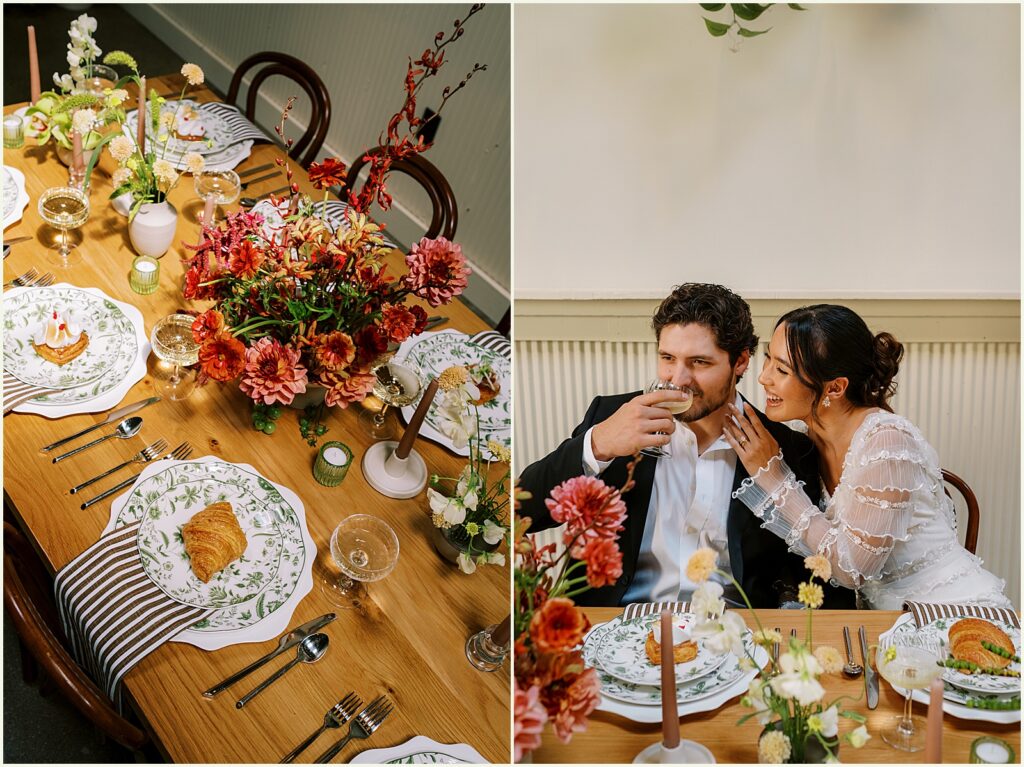 A bride leans on a groom at a sweetheart table at Diane's Place.