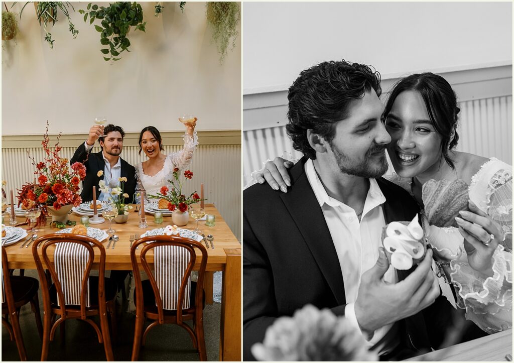 A bride and groom hold up their cocktail glasses.
