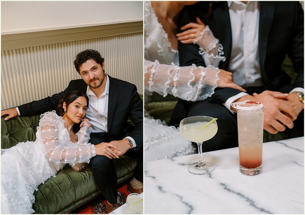 Cocktails sit on a marble tabletop at a Diane's Place wedding.