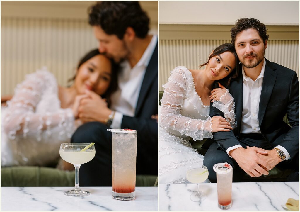 A bride and groom pose on a green couch for a Minneapolis wedding photographer.