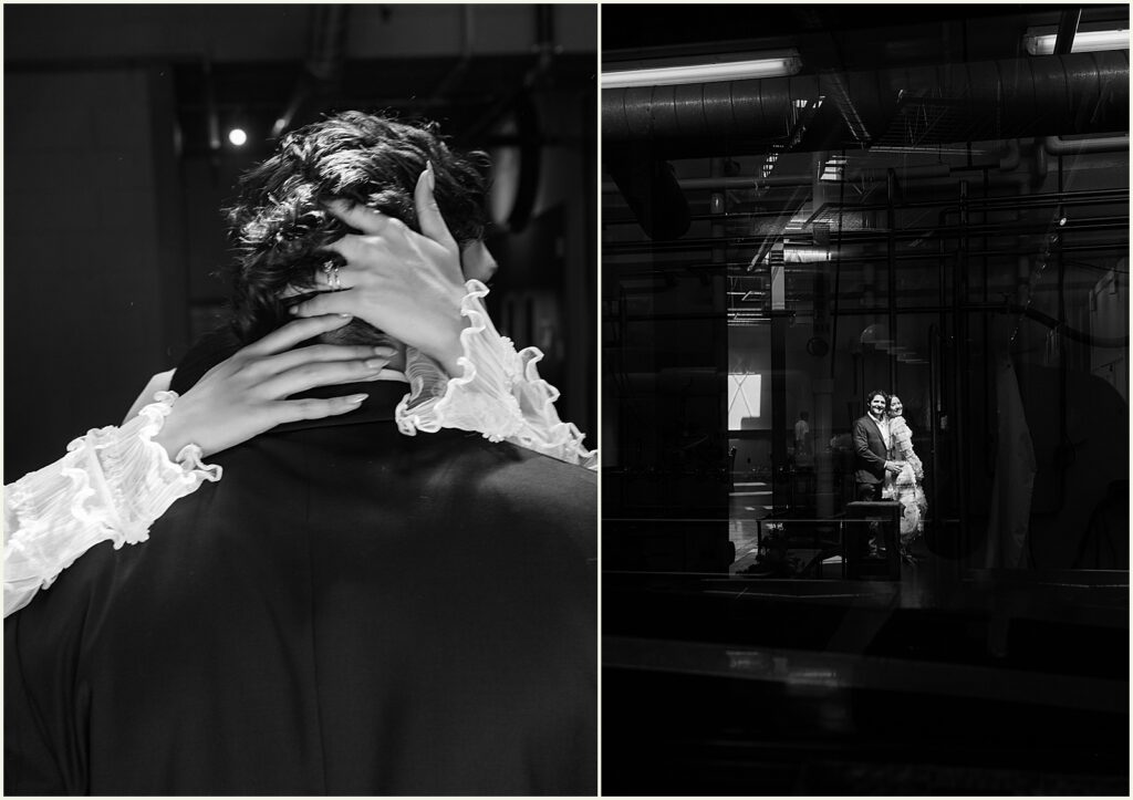 A bride rests her hands on the back of a groom's neck.