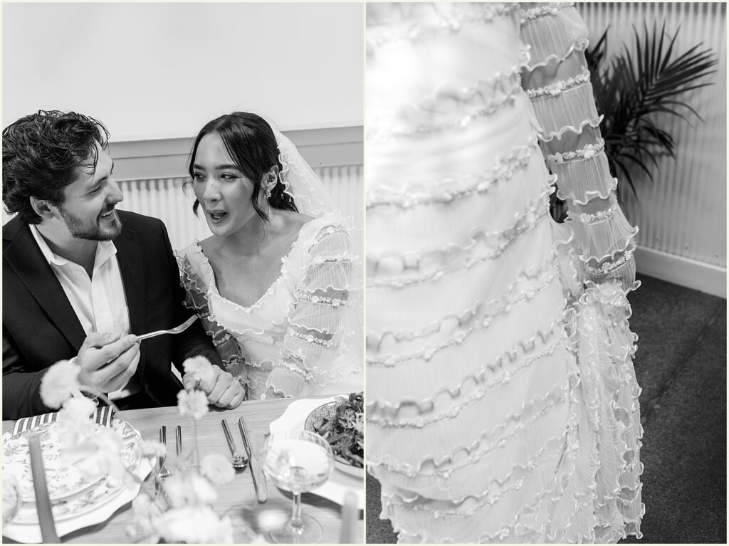 A groom feeds a bride a bite of pastry.
