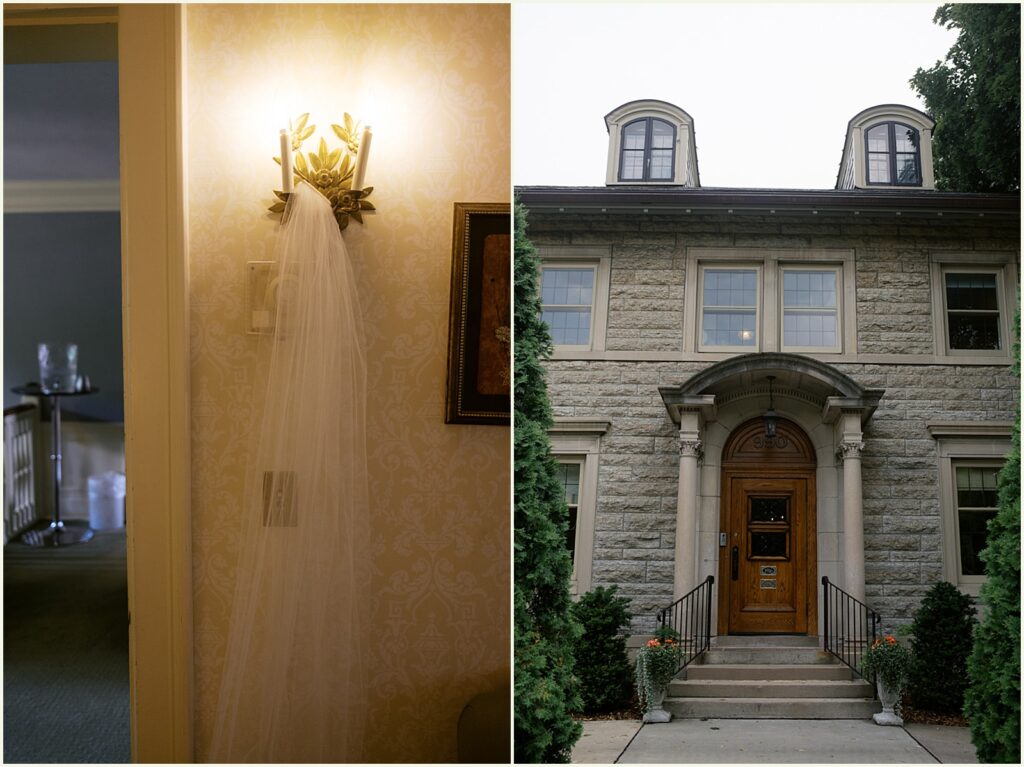 A bridal veil hangs from sconce at the St. Paul University Club.