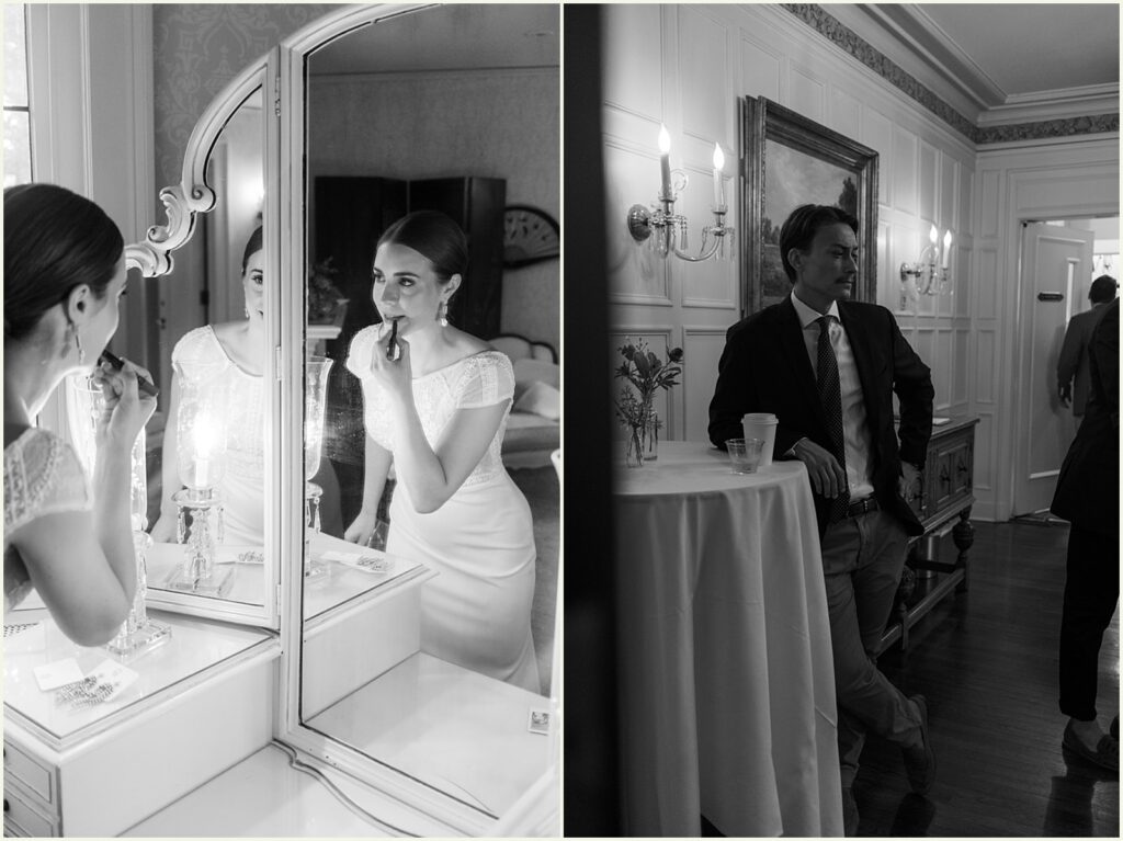 A bride applies makeup in a mirg.ror before her Minneapolis weddin
