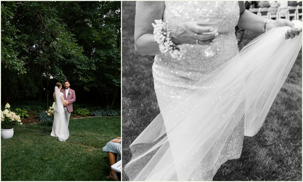 A bride's mother carries a cocktail across the lawn at the St. Paul University Club.